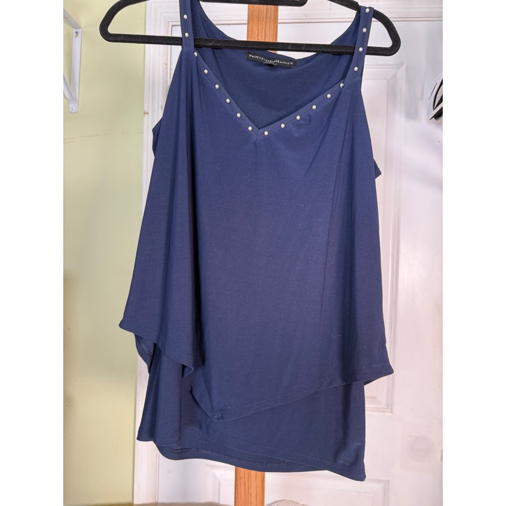 White House Black Market Navy Blue Pearl Embellished Tiered Tank Top Small